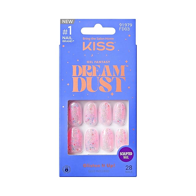 KISS Gel Fantasy, Press On Nails, Nail glue included, 'Diamonds 4 Me', Light Pink, Medium Size, Oval Shape, Includes 28 Nails, 2G Glue, 1 Manicure Stick, 1 Mini File