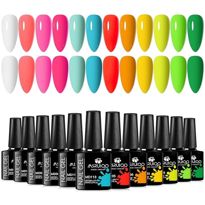 12Pcs Neon Gel Nail Polish Set Nude Gel Polish Set Pink Blue Rainbow Series Soak Off UV Nail Polish Manicure Kit