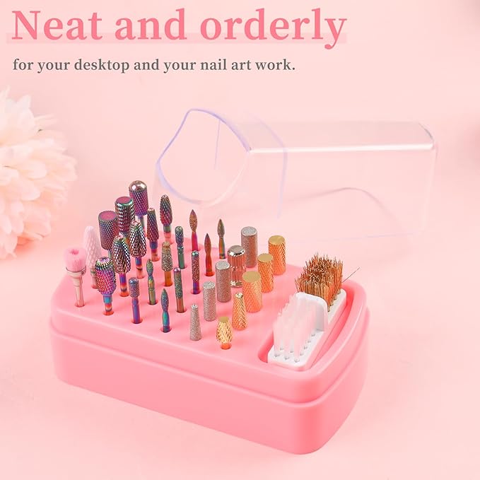 2 in 1 Nail Drill Bits Holder & Cleaning Brush Case, 30 Holes Dustproof Nail Art Drill Bits Stand Display Storage Box and Cleaner Manicure Tools (Pink)