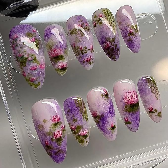 24Pcs Almond Press-On False Nails with Pink Lotus Flower Design, Glossy Purple Gradient Acrylic Artificial Nails for Women Manicure Salon