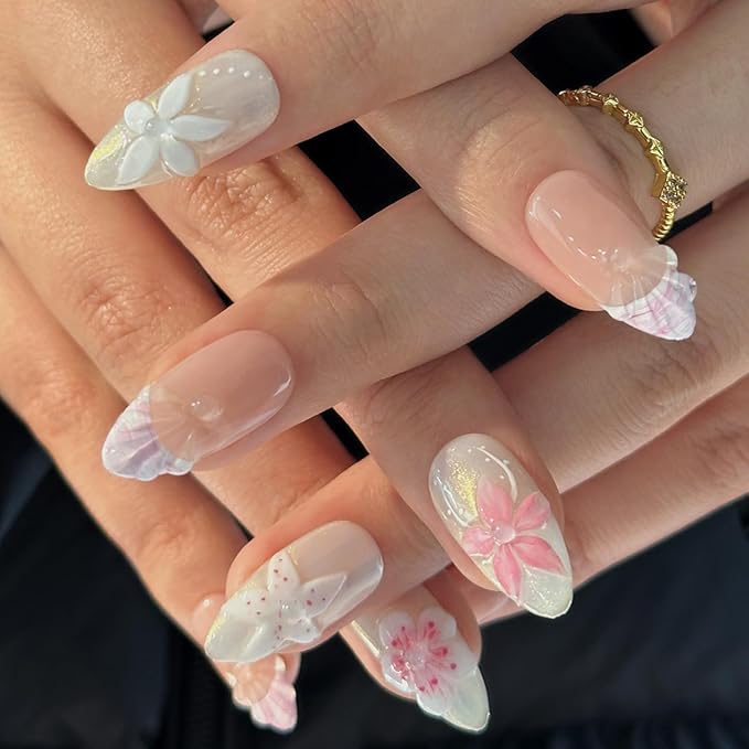 Handmade Press on Nails Medium Almond 3D Unique Fake Nails Pink&White False Nails with Designs Flower Pearls Shell Glossy Glue on Reusable Thick Acrylic Nails 10Pcs(S)