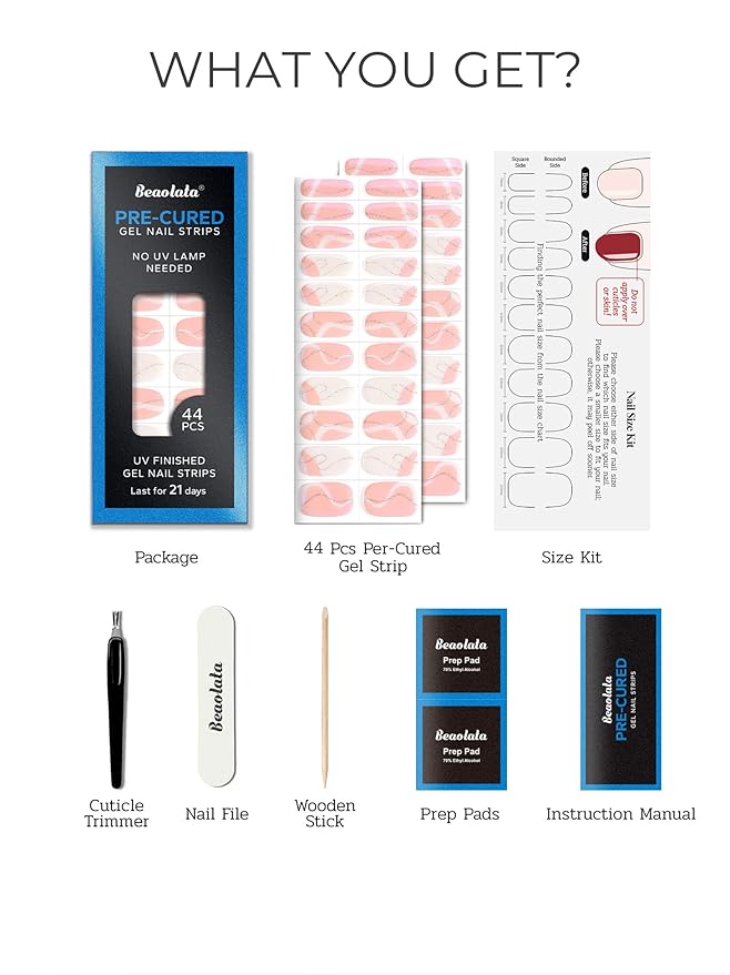 Pre Cured Gel Nail Strips - 44PCS Salon Quality Gel Nail Stickers - Long Lasting Polish Wraps for Women no UV Light Needed Easy Apply & Remove (Marble Pink)