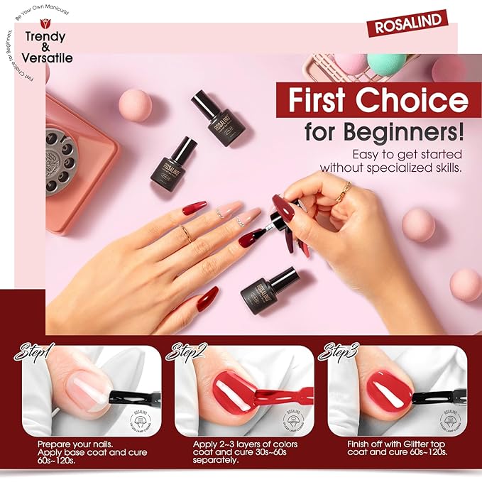 ROSALIND Red Gel Polish, 12 Colors Burgundy Glitter Red Nail Polish for Nail Art, Bloody Mary Collection Cherry Wine Colors Winter U V Gel Nail Polish Gift