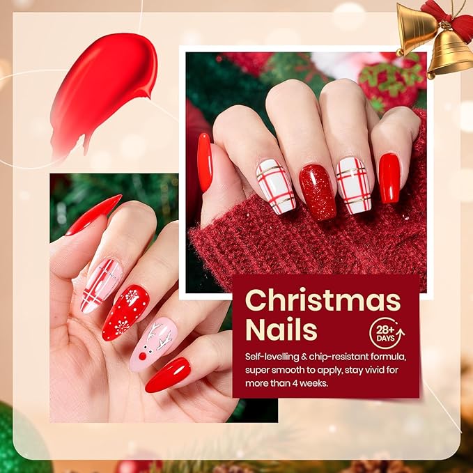 beetles Gel Polish Set – Snowlit Scarlet New Year Gel Polish Set, 6 Color Burgundy Red Glitter White Silver Snow Holiday Sparkle Manicure Kit Soak off UV Nail Art Gifts for Women