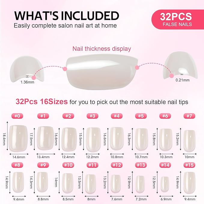 Findigit Press On Nails Short - Short Soft Gel Press On Nails with Nail Glue,Supremely Fit Natural Reusable Stick On Nails in 16 Sizes - 32 Fake Nails Kit, Glossy White