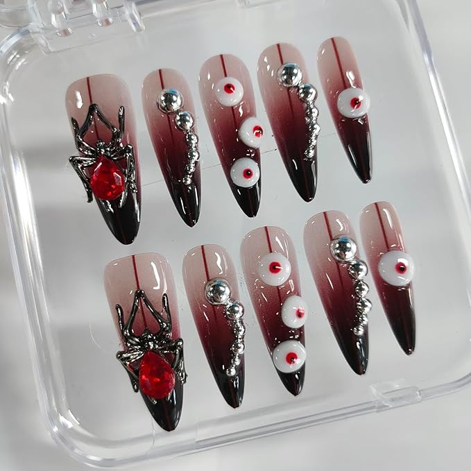 Halloween Press on Nails Long Almond 3D Handmade Nails Thick Acrylic Fake Nails Gothic False Nails with Spider Charms Rhinestones Eyeball Designs Dark Red Sturdy Nail Art Press on Nails 10Pcs(S)