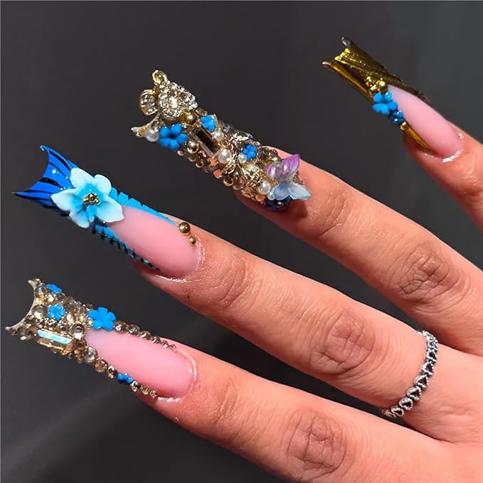 Long Square Press on Nails Fake Nails Artificial Nail Stick on Nail for Women Blue Flower and Butterfly Design with 3D Gold Diamonds and Pearl Accents on Light Pink Base