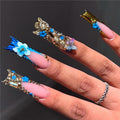 Long Square Press on Nails Fake Nails Artificial Nail Stick on Nail for Women Blue Flower and Butterfly Design with 3D Gold Diamonds and Pearl Accents on Light Pink Base