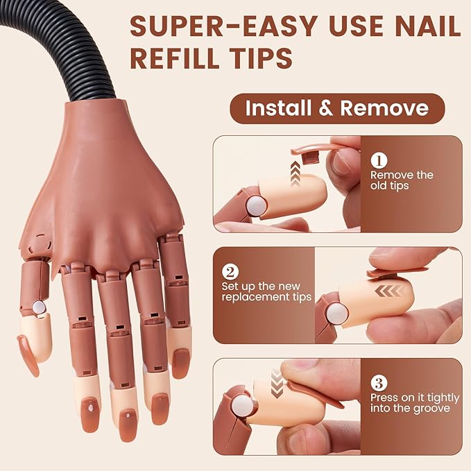 Fit for Wilfniee Magnetic Hand Only- 200PCS Replacement Nail Tips for Magnetic Practice Hand - Clear Brown Refill Acrylic Fake Nail Tips for Magnetic Nail Practice Hand