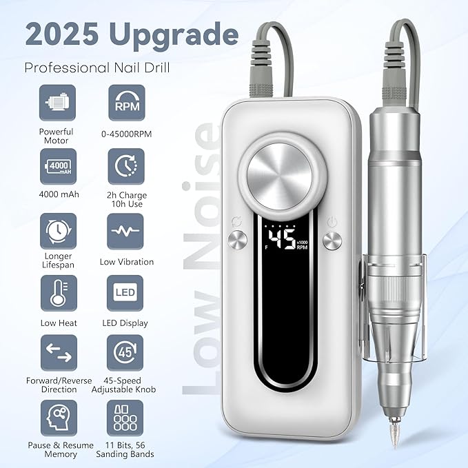Nail Drill Electric Nail File Kit 45000 RPM Professional Efile Nail Set,Cordless Portable Rechargeable Acrylic Gel Nail Polish Remover Machine Pedicure Manicure Tool for Salon Home White