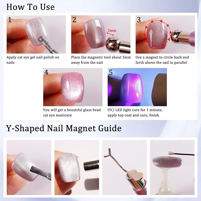 Laza 4pcs Nail Magnet Set, Super Strong Double-head Magnet Wand With Round Nail Magnet Beads, 2pcs Y-Shaped Nail Magnet Guides for Cat Eye Gel Polish, 9D Galaxy Cat Eye Nail Art, Magnetic Nail Polish