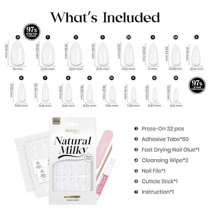 Beetles Natural Milky White Press On, Medium Almond Press On Nails, Soft Nail Gel Nail Kit with Fast-Dry Nail Glue & Adhesive Tabs, 32pcs 16 Sizes, Girls Stick On Nails for Women