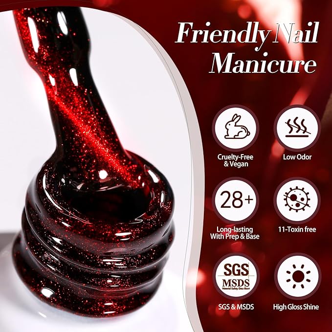 Born Pretty Christmas Red Cat Magnetic Eye Gel Nail Polish Set,6 Colors Burgundy Dark Cherry Red Glitter Shimmer Magnetic Gel Polish Kit Fall Winter Soak Off U V Nail Polish DIY Art for Women 7ML