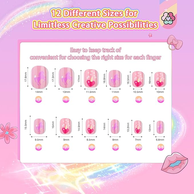 SAVILAND Creative Press on Nails for Kids: 6 Pack Children Fake Nails with 3D Stickers for 8-12 Years Girls Gifts Pre-Glue Full Cover Short Acrylic Nails Artificial False Nail Tips Nail Art Decoration