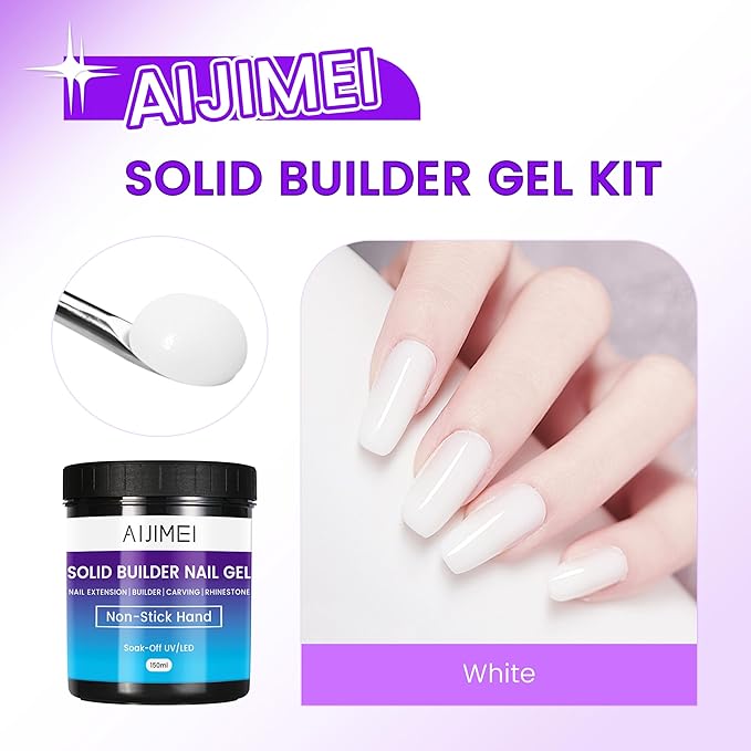 AIJIMEI Solid Nail Builder Gel for Nail Extension 150ml Solid Builder Hard Gel Nail Thickening Solution Non-Stick Hand 3D Sculpture Carving for Nail Art (White, 150ml/5Fl.oz)