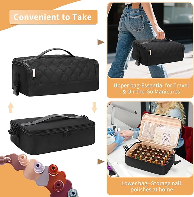 OCHEAL Nail Polish Organizer, Holds Nail Lamp and 45+ Bottles,3 Usage Modes Detachable Nail Storage Bag Travel Nail Tech Case Holds Nail Kit Stuff Manicure Tools -Black