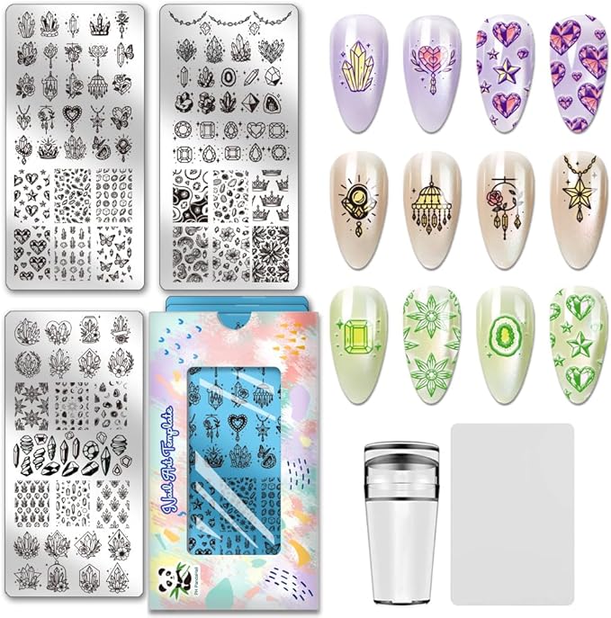 PH PandaHall 3pcs Crystals Nail Stamping Plates, Quartz Crystal Nail Art Templates Brilliant Crystal Stone Stainless Steel Image Plate Art Stencils with Tool for DIY Print Manicures Salon Design