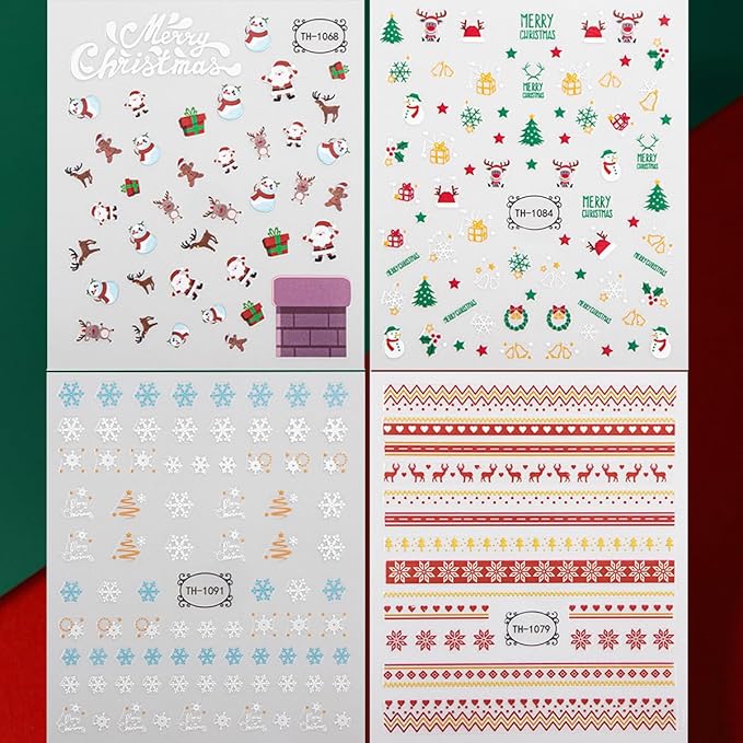 Zoance 8 Sheets Christmas Nail Art Stickers Decals Self-Adhesive Pegatinas Uñas Navidad Snowflake Snowman Nail Supplies Holiday Nail Art Design Decoration Accessories