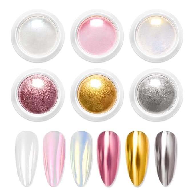 Chrome Nail Powder BISHENGYF -【Fairy Effect】 Gold Chrome Nail Powder Aurora Mermaid White Pearl Pink Chrome Powder for Nails, Metallic Mirror Pigment Glitter Dust for Manicure Decoration DIY