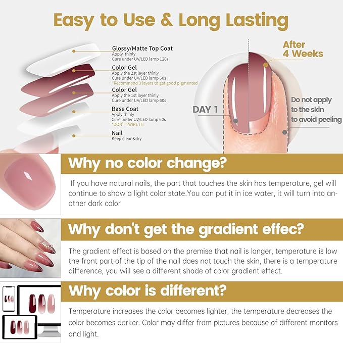 YTD Likomey Color Changing Gel Nail Polish,15ml Translucent Nude Pink Burgundy Red Mood Temperature Change Color Ombre Thermal Salon Home Fall Winter Manicure UV Varnish,WB08