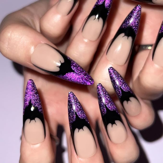 Halloween Fake Nails - Long Stiletto Press On Nails with French Tip, Bat Design, Purple Glitter, Shiny Acrylic Finish, Full Cover Glossy Stick On Nails - 24 Pcs