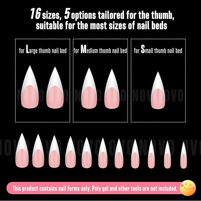 NOVO OVO White French Tip Sharp Stiletto Pointed Medium Long Nail Tips Press on Baby Pink, Soft Gel Fake Acrylic Extension, Full Cover False Nails for Salon DIY x 16 Sizes 160 pcs