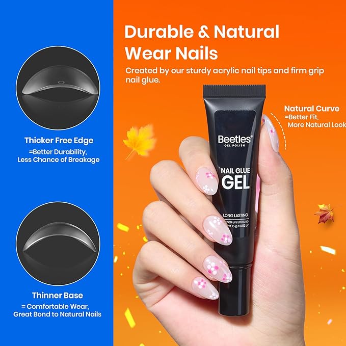 Beetles Gel Nail Kit Etch-X, Almond Short, 576pcs 12 Sizes, with Dehydrator and Primer, Solid Glue Mini Lamp, Pre-Etched Half Matte Acrylic Nail Kit Fake Nail for Home DIY Extension Set