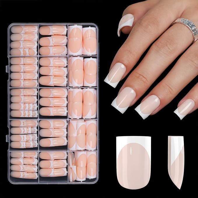 Anyos French Tip Press On Nails-300Pcs Sharp Square Gel Nail Tips Short,No File Need Tips Pre-Designed,Fake Nails for Nail Art DIY 15Sizes(Nude)