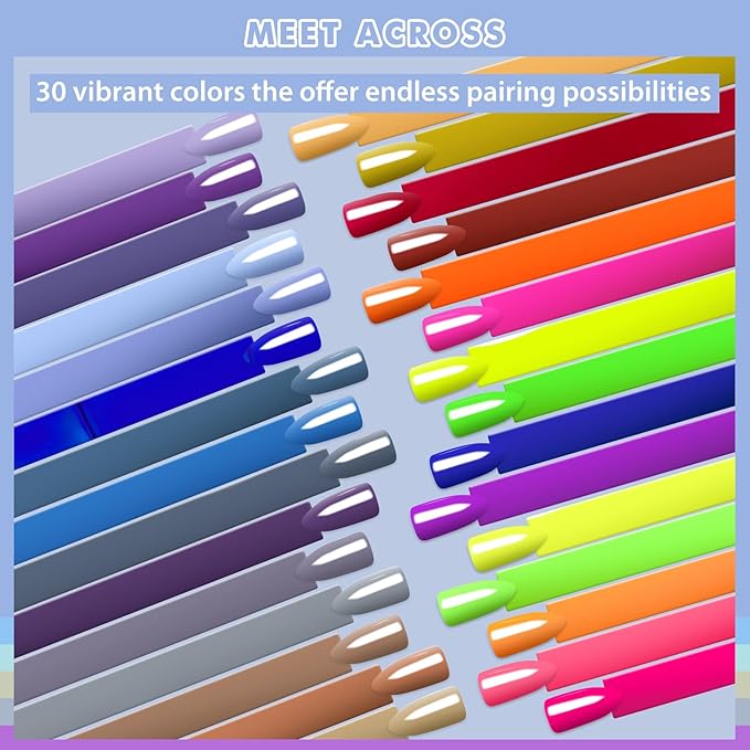 MEET ACROSS Gel Polish Set - 30 Colors Neon Hot Pink Red Green Blue Yellow Nail Polish Soak off Colorful Holidays Collection UV Gel Gifts for Women
