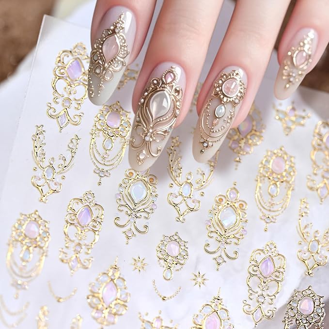 5D Embossed Nail Art Stickers Gold Nail Decals Vintage Gemstones Nail Art Decorations Supplies Gold Line Design Manicure Accessories for Women