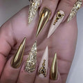Rchosvam xl Almond Press on Nails Long Stiletto Shape Fake Nails Press Ons Gold Chromese Design False Nails Gold Rhinestones Stick on Nails Full Cover Artificial Nails Gift for Womens 24pcs