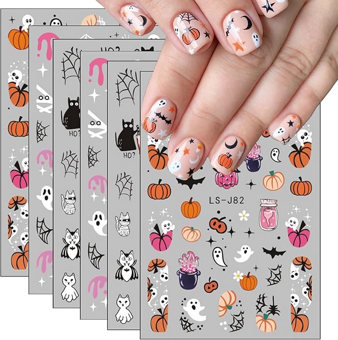8Sheets Halloween Nail Art Stickers Cute Ghost Pumpkin 3D Self-Adhesive Nail Decals Spider Web Bat Cat Skull Designs Nail Decorations Halloween DIY Manicure Nail Supplies for Women Girls&Kids…