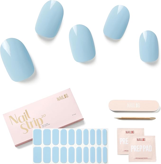 Semi Cured Gel Nail Strips - NAILOG 20 Pcs Blue Nail Stickers Extra Long Wraps with Glossy Gel Finishing for Summer, Baby Blue
