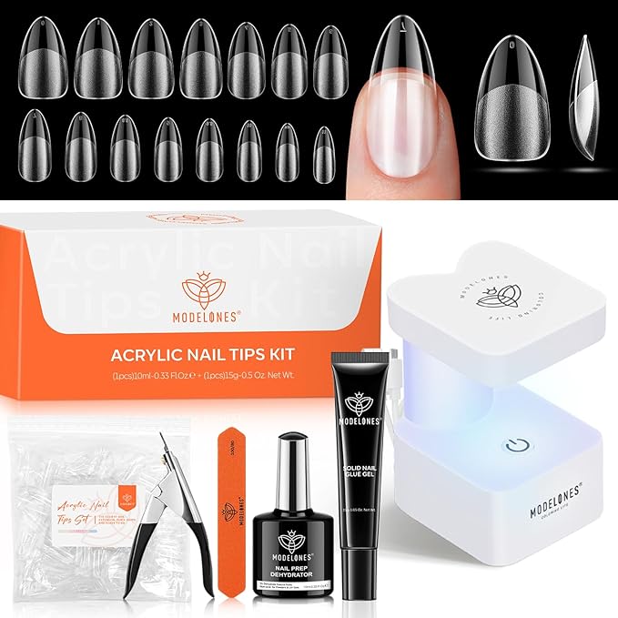 modelones X Nail Gel Kit Almond, 510Pcs Nail Tips Solid Glue Prep Dehydrator & Mini U V LED Light Clipper, Upgrade 15Sizes Medium Almond Press on Tips Etch Half Matte for Easy Extension DIY Women Gift