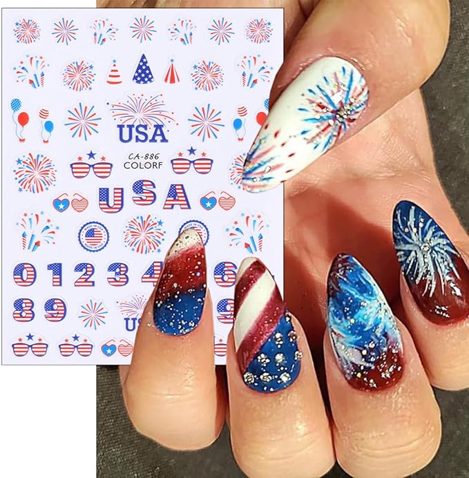 8 Sheets Independence Day Nail Stickers for Nail Art USA 4th of July Nail Decals 3D Self-Adhesive American Flag Patriotic Nail Decoration American Eagle Nail Art Stickers for Women Girls Nail Designs