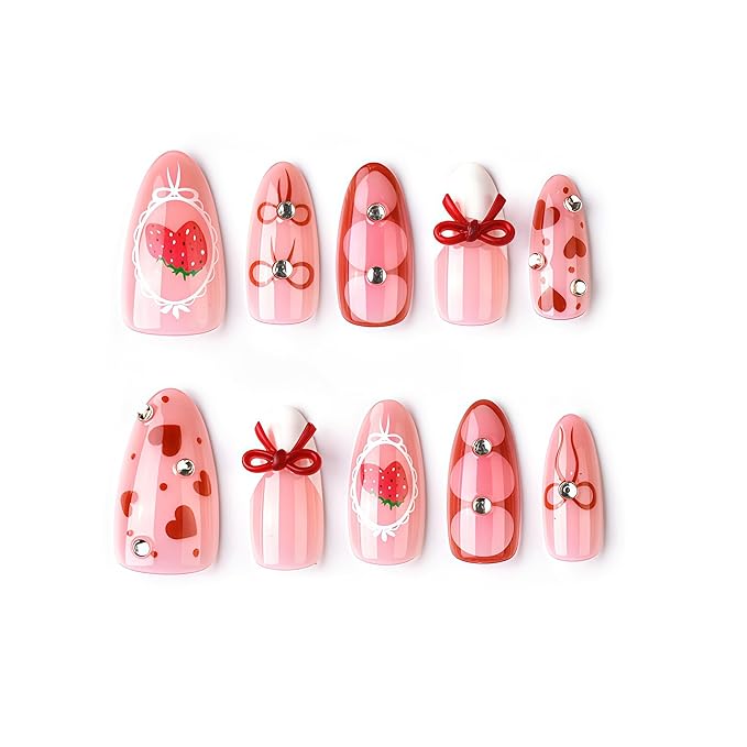 30pcs Valentines Press on Nails Medium Almond Fake Nails with Bow Heart Strawberry Rhinestones Designs White French Tip False Nails Cute Romantic Red Heart Valentine Full Cover Glue on Nail for Women