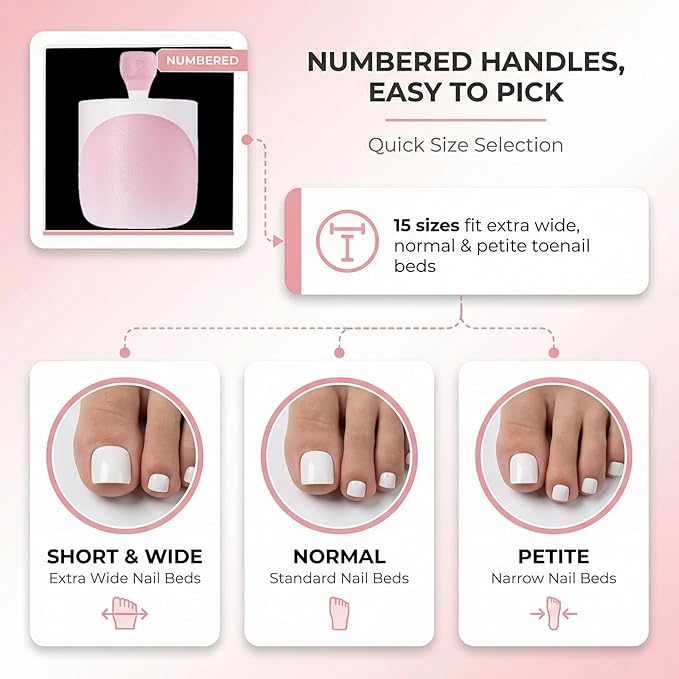 Cotton Candy Pink French Tip Toe Nail Press Ons, 150PCS Square Full Cover Soft Gel Toe Nail Tips, 15 Sizes for Wide Toenail Beds, Pre-Shaped for DIY French Pedicure & Salon