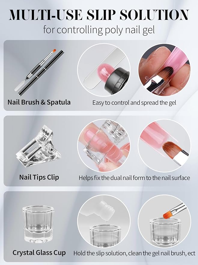 Poly Gel Nail Form Kit, EBANKU 192PCS Reusable Nail Extension Mold Dual Forms with 5Pcs Clips, 75ML Slip Solution, Brush Pen, File & Cuticle Pusher for Beginners, 8 Style 12 Sizes