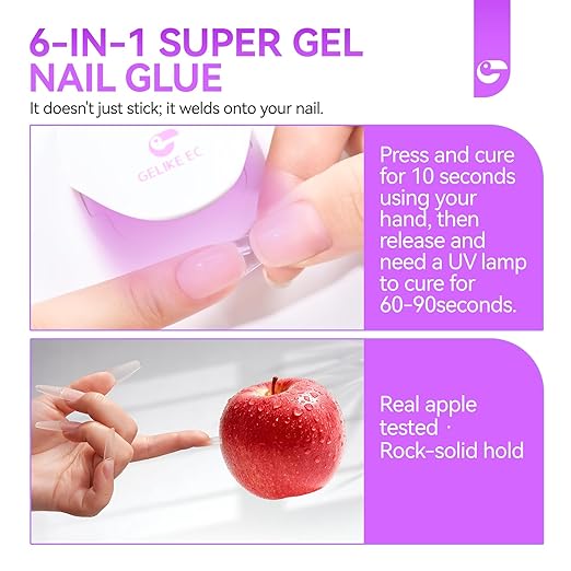 Gelike EC 6 in 1 Nail Glue Gel: 2 Pcs Gel Nail Polish for Press on Nails - Nail Glue Strong Easy and Long Last for False Acrylic Tip - Base Coat for Salon Home Polish