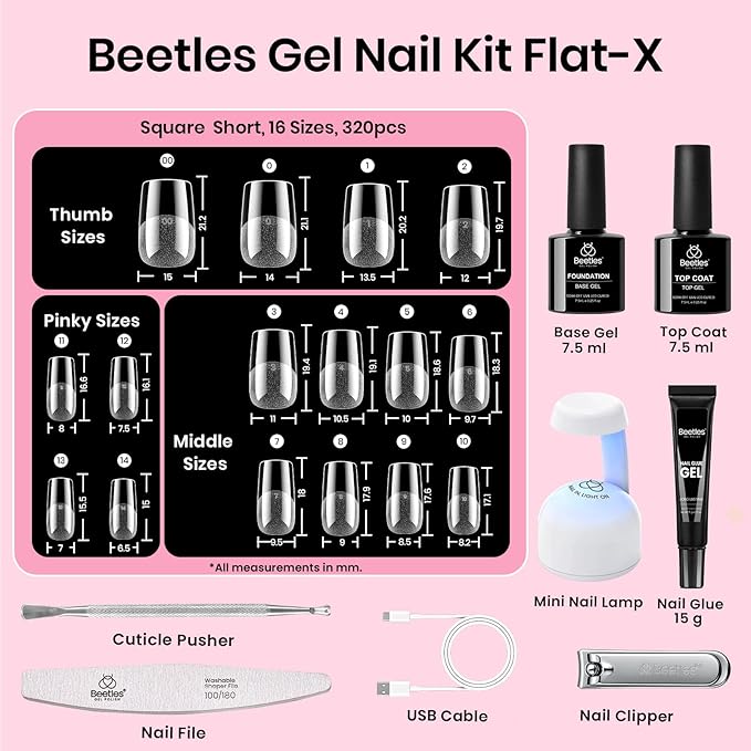 Beetles Gel Nail Kit Flat-X, Square Short, 320pcs 16 Sizes Nail tips, with 15g Nail Glue Gel Hands-Free, 7.5ml Base Gel & Top Coat, Mini Lamp, for Acrylic Press On Nail, Extension DIY Set at Home