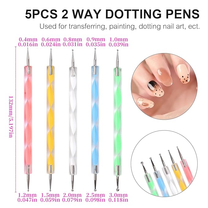 10Pcs Nail Art Brush Kit Double-end Dotting Pens Nail Fine Liner Brushes for UV Gel Polish Acrylic Nails 10 Sizes Dotting Drawing Pens Nail Art Design Tool