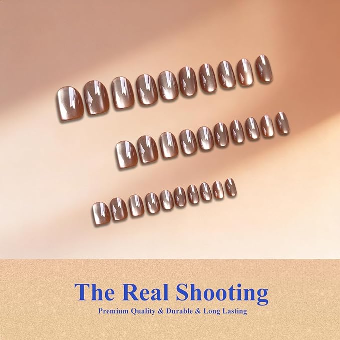 Cat Eye Press on Nails Short, Chrome Press on Nails Oval, Thick Glazed Brown Fake Nails Press ons for Women, Reusable Magnet Bling Glitter Glue On Nails Almond in 15 Sizes, 30 Pcs