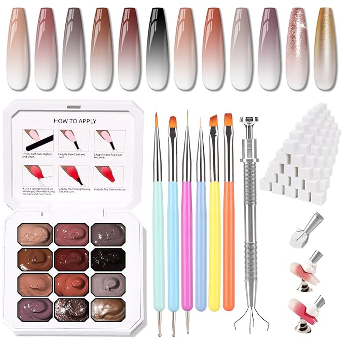 Sponge Pat Gel Nail Polish Palette, 12 Colors Blending Ombre Gel Polish Gradient Painting Nails Art, No Wipe, UV/LED Cured, 100Sponges 6Brushes 1Grabber (Set 03)