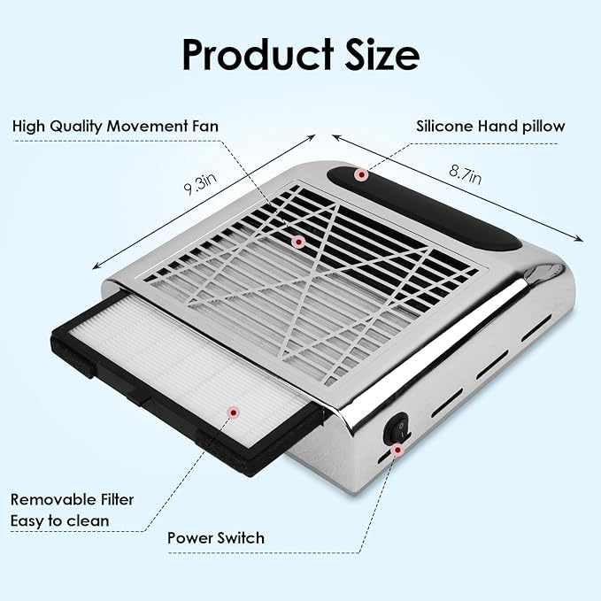 Nail Dust Collector Vacuum Machine, Cofashion 80W Nail Dust Vacuum Powerful NailVacuum for Acrylic Nail Polygel Nail Filter Replaceable Use for Salon & Home, Silver