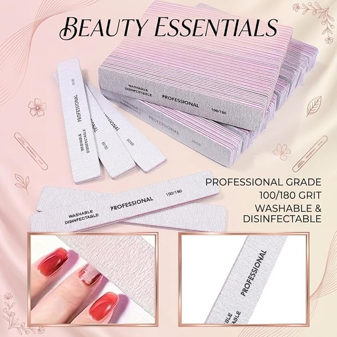 25PCS Professional Rectangular Emery Board Nail Files, 100/180 Grit Dual-Sided Buffer, Reusable Nail Filing Tools for Natural & Acrylic Nails, Home & Salon Manicure Supplies