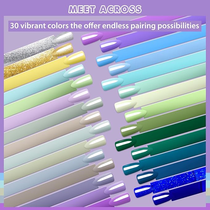 MEET ACROSS 30 PCS Gel Nail Polish Set, Purple Blue Green Gold Silver Yellow Nail Polish Kit Sage Forest Emerald Green Navy Lavender Soak Off Nail Art Salon DIY Gift Women