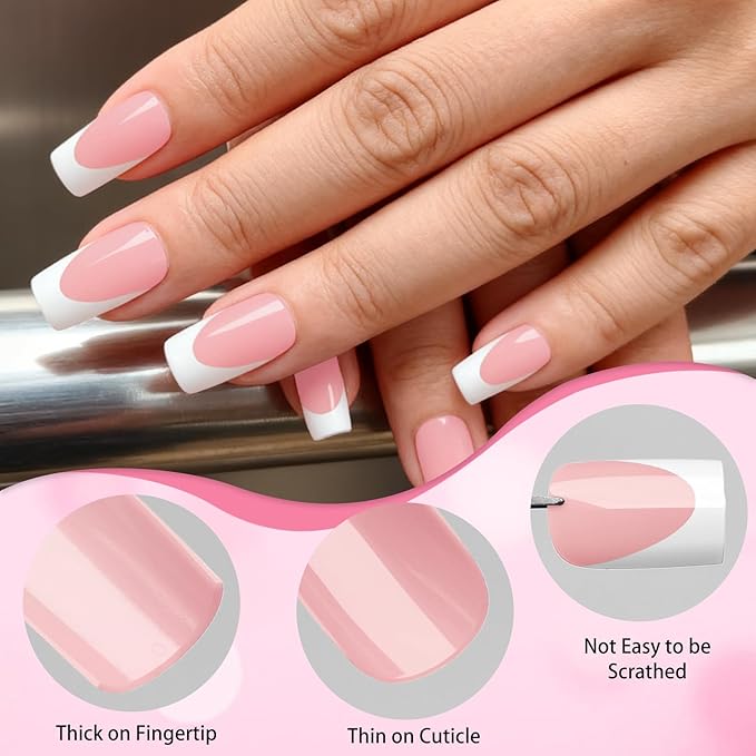 280pc French Tips Press on Nails Medium Square Fake Nail with Glue Tabs, French Tips Glue on Nails Press on Nail Square Acrylic Nails Medium Artificial Fingernails Women Girls Nude Pink False Nails