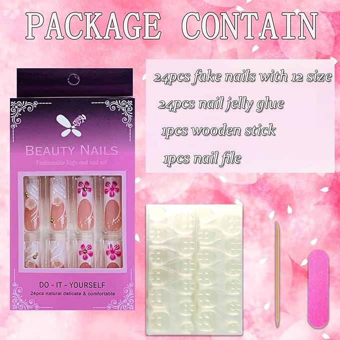 Press on Nails Coffin Long Length Acrylic Glossy Full Cover Square Shaped French False Nails with Designs Artificial Extra Long Fake Nails with Charms Glue ons Fingernails for Women(XXS221)