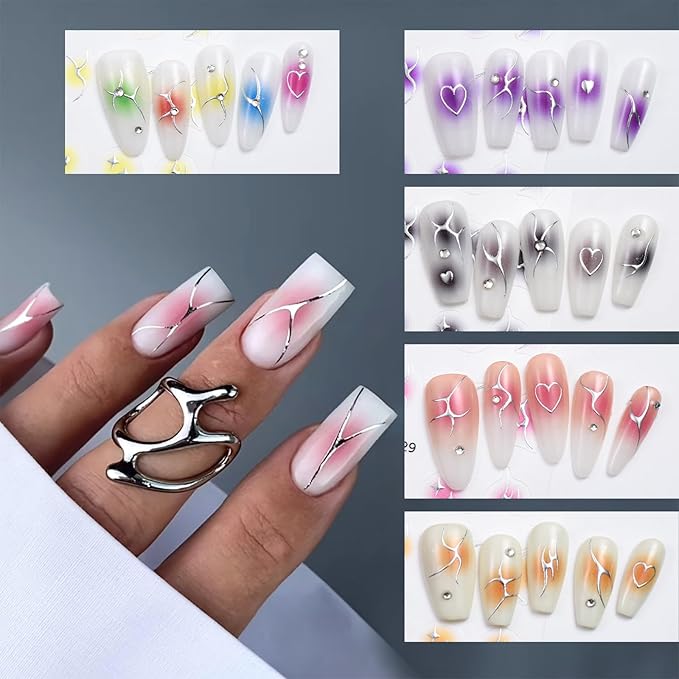 10 Sheets Silver Flame Nail Art Stickers, 3D Gradient Blusher Self-Adhesive Decals, Silver Line Heart Star Y2K Stickers for DIY Art Decoration - 10 Colors