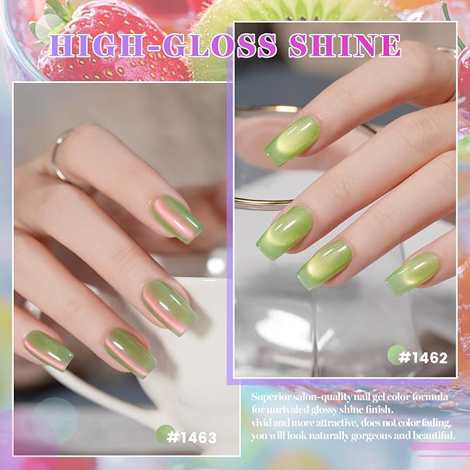 RARJSM Ceramic Glitter Fruit Cat Eye Gel Nail Polish Set 6Pcs Velvet Lime Green Berry Pink Blue Purple Fuchsia Reflective Smoothie Shimmer Glassy Cateye Gelpolish with Magnetic Stick Curing Require